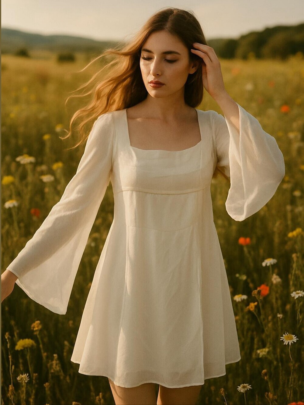 White Angel Mini Dress Sheer Bell Sleeves Square Neckline Feminine Elegant Flowy